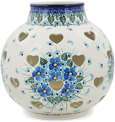 Polish Pottery 7-inch Votive Candle Holder Made by Ceramika Artystyczna (Forget Me Not Theme) + Certificate of Authenticity 4