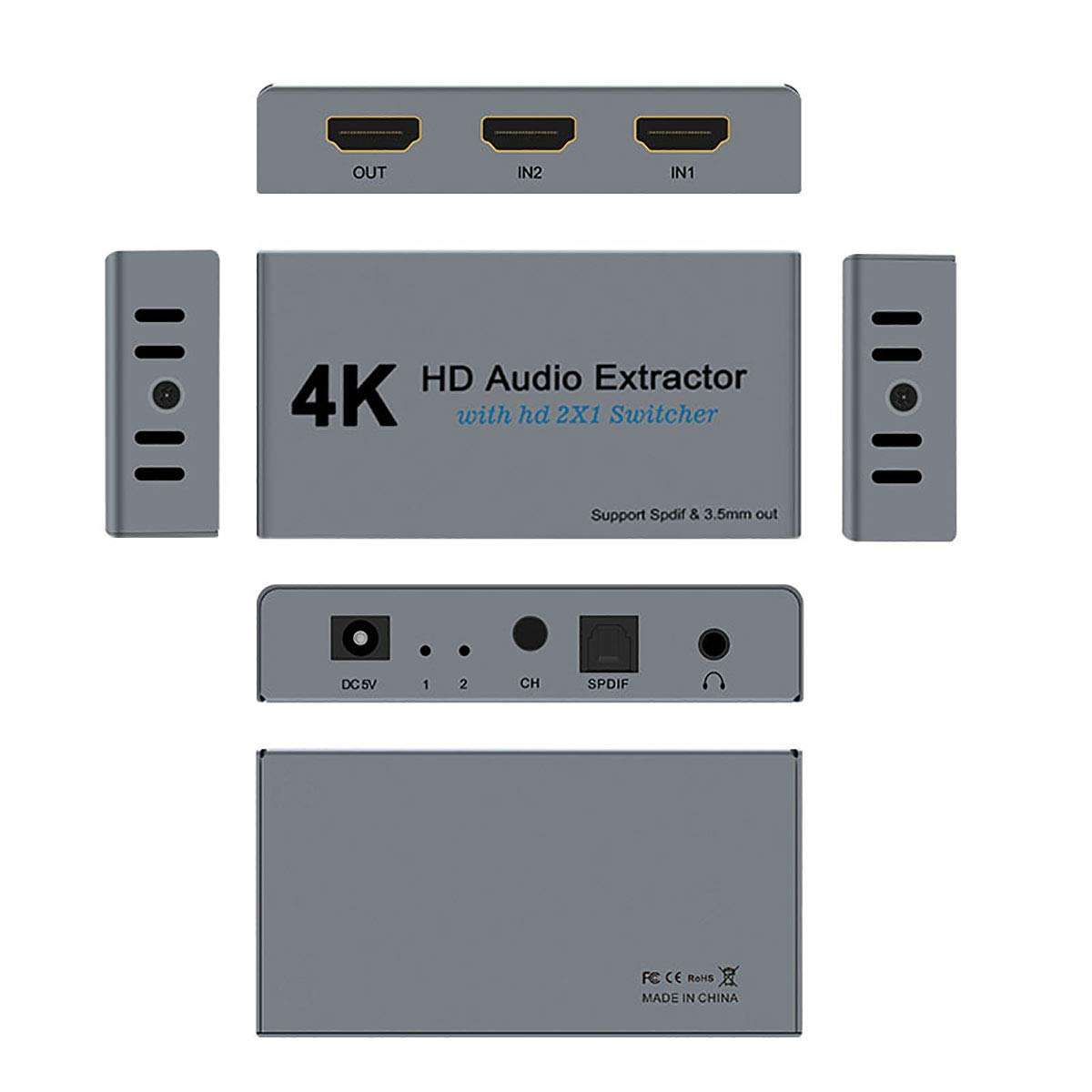 HDMI Switch 2x1 HDMI Splitter 2 in 1 Out Switcher HDMI Converter with 3.5mm/Optical Audio Extractor Adapter Support 4K30HZ 1080P Full HD for Xbox360 PS4 Roku HDTV Apple TV 2