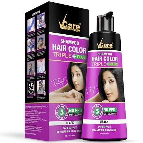 VCare Triple Plus Hair Colour Shampoo Black Hair Colour Shampoo, 180ml for Women and Men | Instant Easy Grey Coverage In 5 Minute Only Long Lasting Hair Color