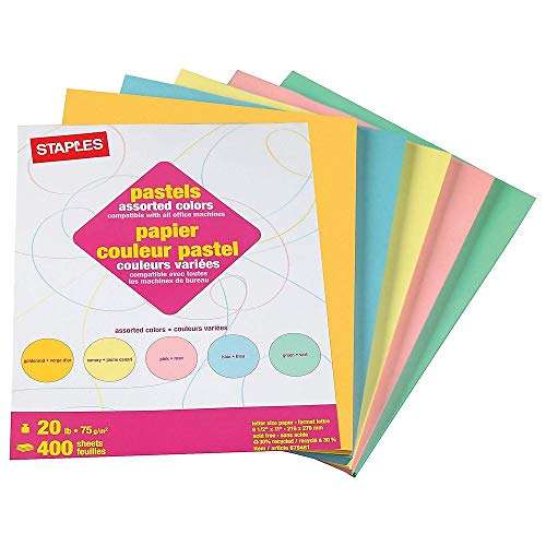 Staples Pastels Colored Copy Paper, Assorted, 8.5 x 11 inch Letter Size, 20lb Density, 30% Recycled, Acid-Free, Pink Green Gold Blue Canary Yellow, 400 Total Sheets (679481) 1
