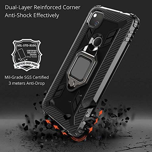 Avesfer for Google Pixel 4A Case (Not fit 4A 5G) with Tempered Glass Screen Protector Shock Absorbing Defender Protective Cover Ring Holder Kickstand Anti Impact Scratch Resistant Carbon Fiber (Black) 3