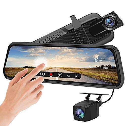 Backup Camera 10 inch Mirror Dash Cam Dual Lens Front Rear Dash Camera 1080P Full Touch Screen Video Streaming Mirror Loop Recording, Parking Monitor, Night Vision, Waterproof Rear Camera