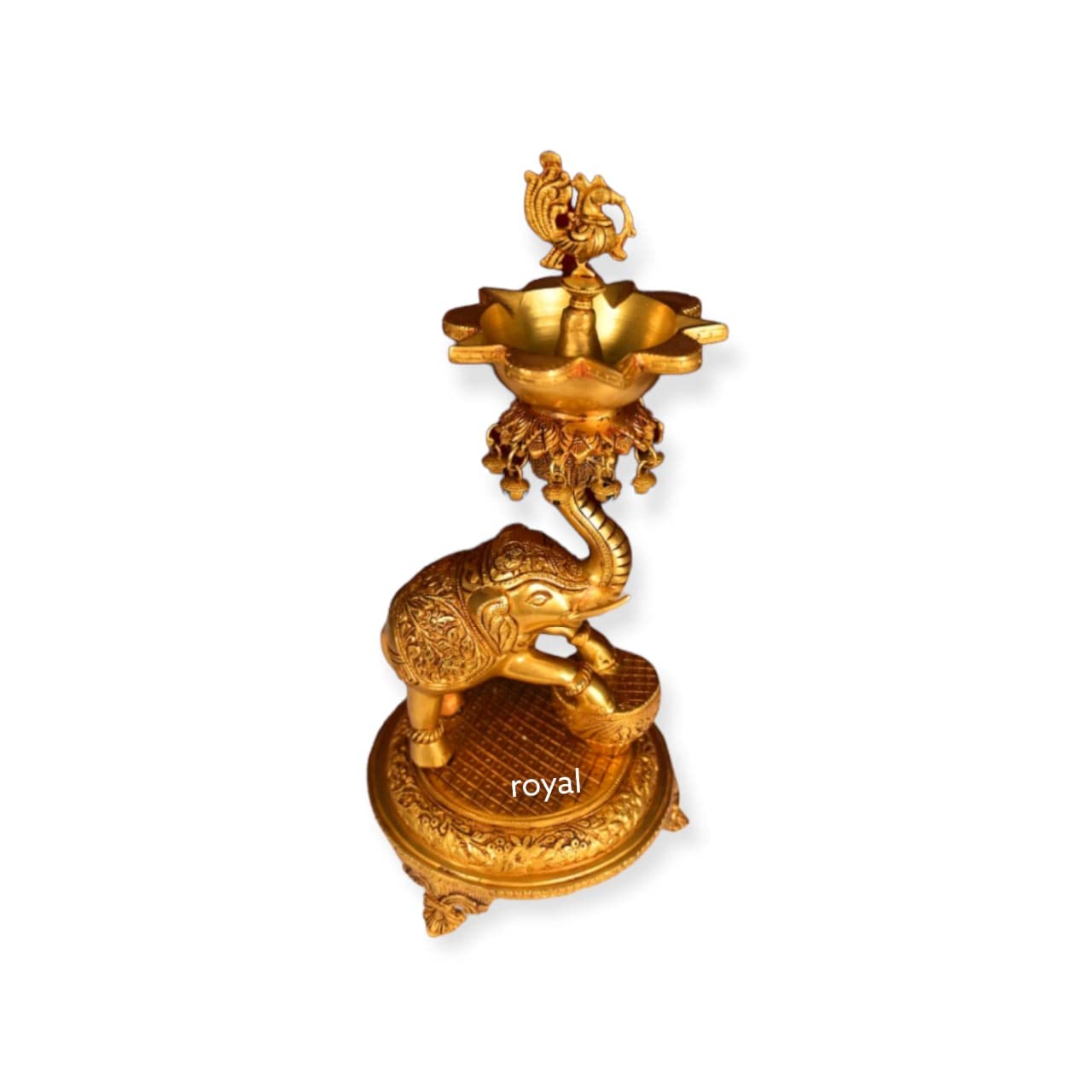 IYI MERCHANT Brass Elephant Diya Stand | Golden Color Elephant Statue Brass Diya Stand for 5 Wicks | Peacock Diya on Dancing Elephant | LxWXH - 21.5x21.5x45.7 cm, Wt. - 7 Kg 3