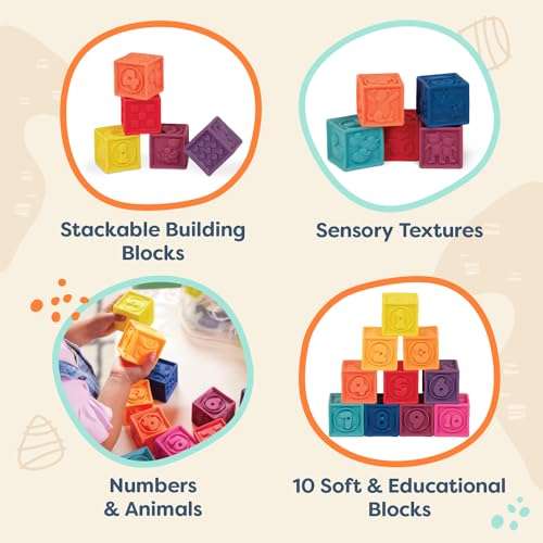 B. toys – Baby Blocks – Stacking & Building Toys For Babies – 10 Soft & Educational Blocks – Numbers, Shapes, Colors, Animals – One Two Squeeze – 6+ Months 2