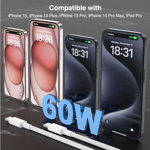 USB C to USB C Cable 10FT for iPhone 15, 60W Type C Charger Fast Charging Cord for iPhone 15 Plus/15 Pro Max/15 Pro/Samsung Galaxy S24 S23 S22, iPad Pro/Air/Mini, Long Braided USBC Android Charger 3
