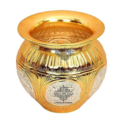 INDIAN ART VILLA Gold & Silver Polished Swastik Design Copper Lota Kalash, Pooja Temple Home Office, Diameter 3.5", Silver & Gold 3