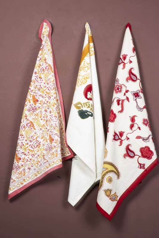CONTRAST LIVING kanchana Hand Block Printed Kitchen Towel/Dish Towel/Hand Towel Multi Color Set of 3 Pcs 1