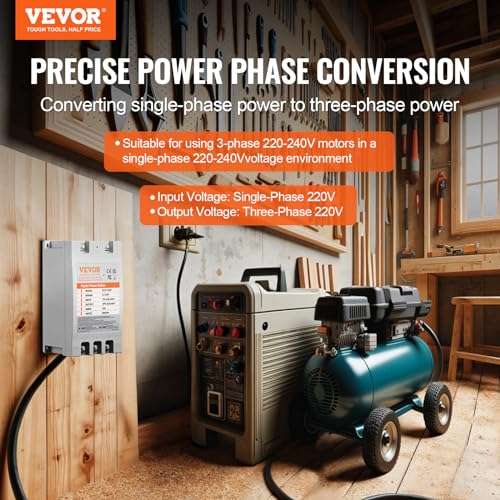 VEVOR Single Phase to 3 Phase Converter - 7.5HP 23A Digital Phase Shifter for Residential and Light Commercial Use, 220V-240V Input/Output (One Converter for One Motor Only) 2