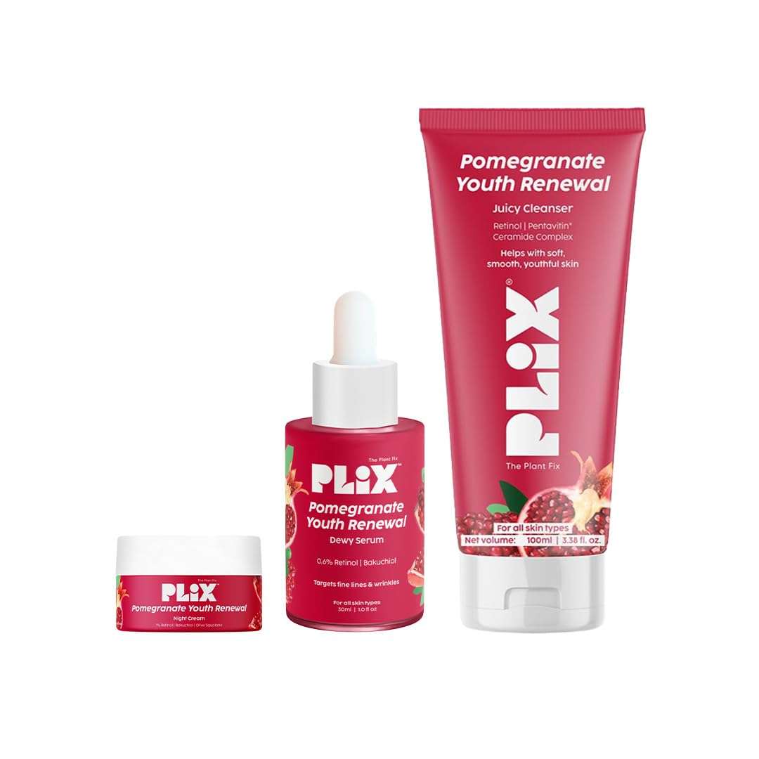Plix Pomegranate Youth Renewal Night Care Combo with Juicy Cleanser, Youth Renewal Serum & Retinol Night Cream | Fine Lines, Wrinkles & Hydration 1