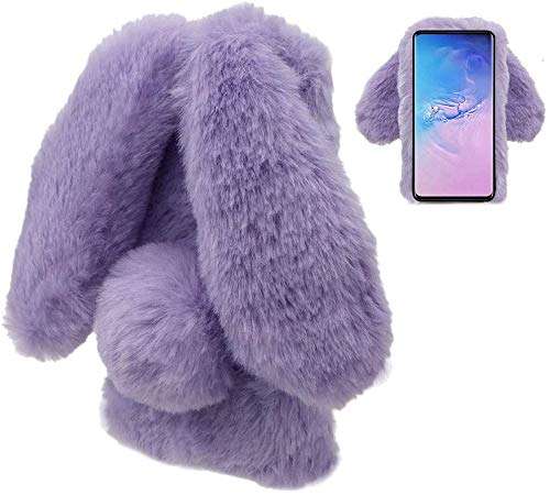 LCHDA Rabbit Case for Samsung Galaxy A51,Rabbit Fur Bunny Ear Case for Girls Fuzzy Cute Warm Winter Soft Furry Fluffy Ball Fur Hair Plush Protective TPU Bumper Skin Cover for Samsung Galaxy A51-Purple 1