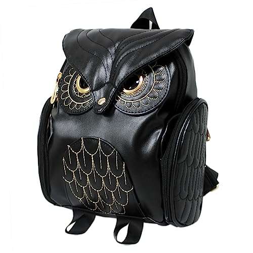 Huasheng Suda Women Pu Leather Owl Cartoon Backpack Fashion Casual Satchel Small Backpack(black)