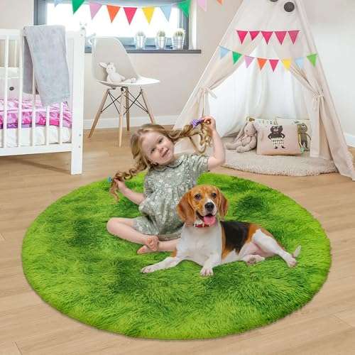 ATRUG 4 ft Fluffy Green Grass Area Rugs for Bedroom,Tie Dyed Plush Circle Rug Shag Round Carpet Fuzzy for Living Room Baby's Toddler's Boys Girls Room Kids Playroom Nursery Decor Aesthetic 6