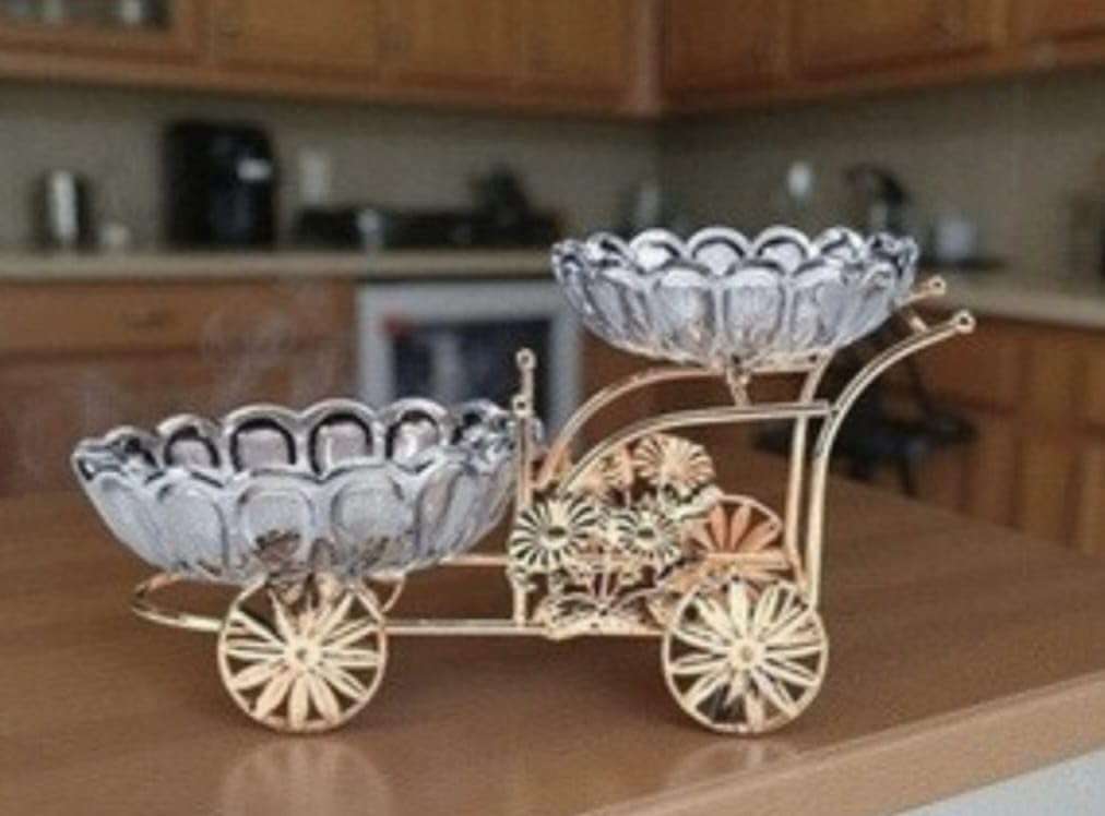 New Inning Vintage Rikshaw Style Glass Fruit Bowl Set with Decorative Metal Stand – Elegant Serveware for Home & Dining 6