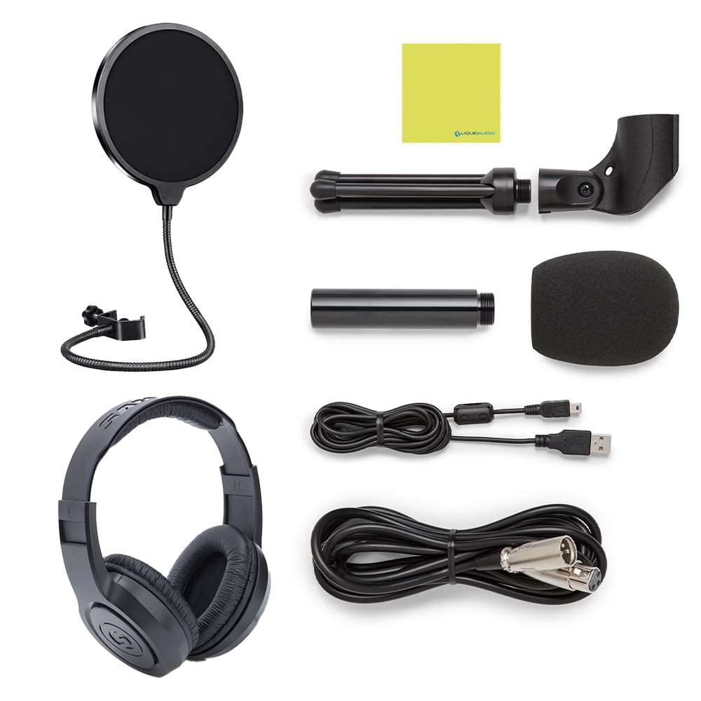Samson Q2U USB/XLR Dynamic Microphone Bundle with Over Ear Samson Stereo Headphones SR350, Pop Filter, Desktop Tripod, Mic Clip a Windscreen, USB Cable, XLR Cable & Polishing Cloth 6