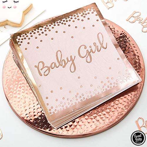 Sweet Baby Co. Baby Shower Plates and Napkins Girl for 24 With Rose Gold Pink Paper Plates, Dessert Plate, Napkins, Disposable Cups for Tea Party Supplies or Floral Decorations or Girls Birthday Set 4