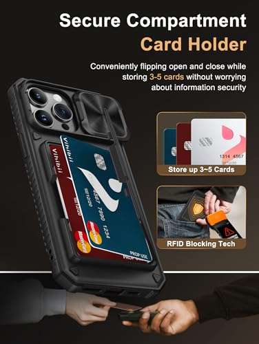 Vihibii for iPhone 14 Pro Max Back Cover with Card Holder (4 Cards) [RFID Blocking] & Slide Camera Cover, Military Grade Drop Protection, Rugged Hard Back & Silicone Edge Wallet Phone Case 6.7", Black 3