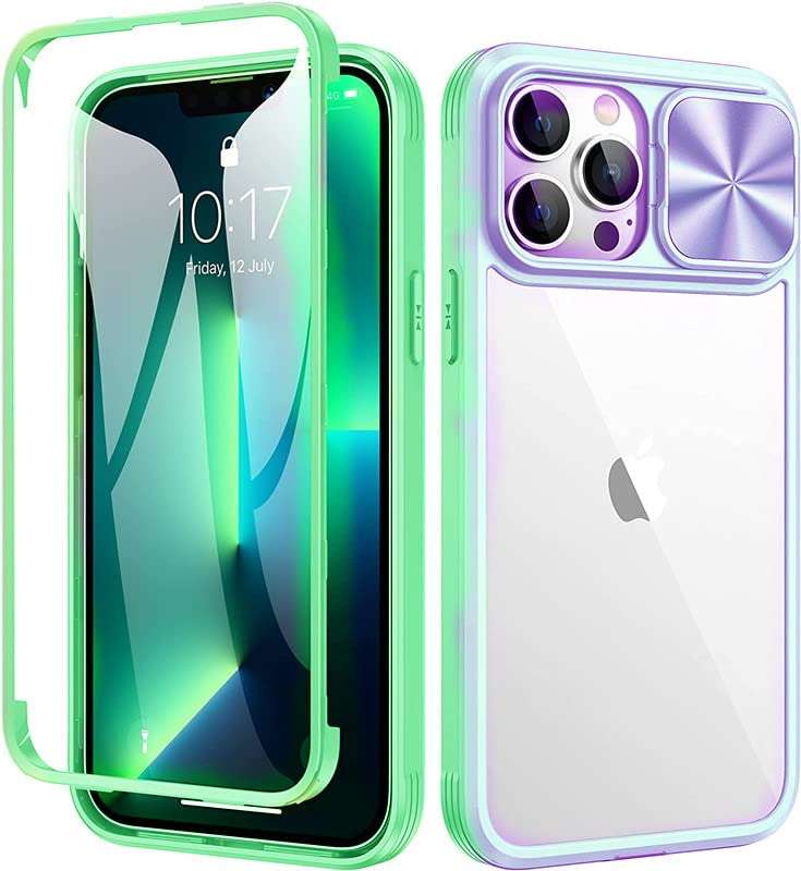 Ruky iPhone 13 Pro Max Case with Slide Camera Cover, Full Body Rugged Cover with Built-in Screen Protector Shockproof Heavy Duty Protective Phone Case for iPhone 13 Pro Max 6.7" (Teal&Purple)