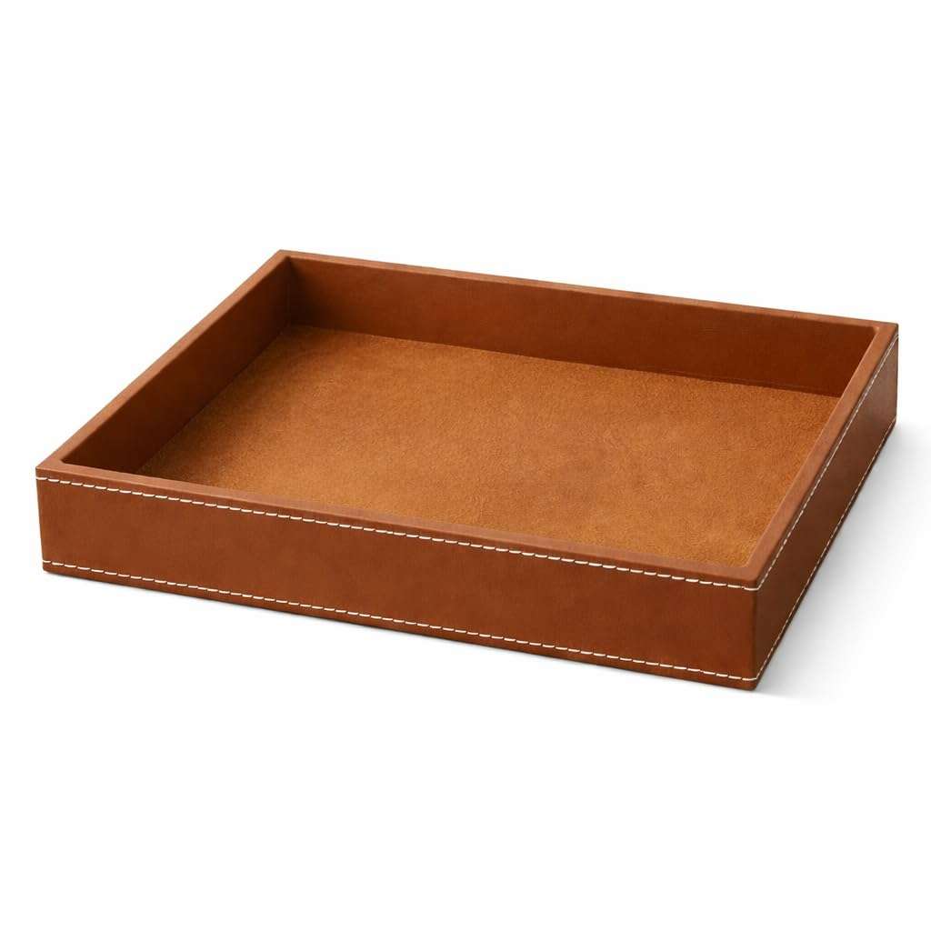 Leather Valet Tray, Tan, Desk Organizer with Stitching, 10x8x1.5 Inch 1