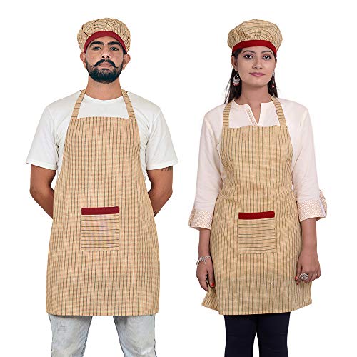The Fineworld Cotton Designer Striped Unisex Aprons with Cap, Front Pocket for Kitchen, Hotel, Restaurant (Red, 29x23 Inch)