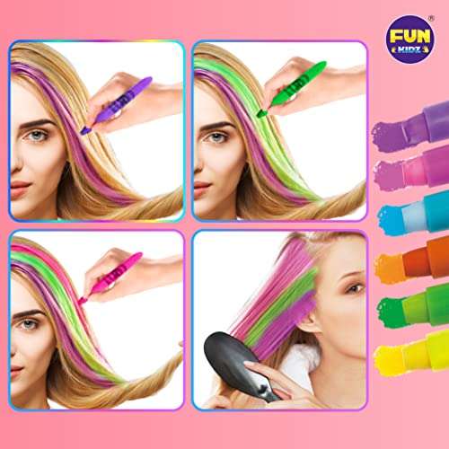 Glitter Tattoo And Hair Color Combo Kit for Girls, Funkidz 6 Colors Hair Chalk Pens Glitter Tattoo Set Hair Beads Tool Kit Gift for Girls Of Ages 8 And Up Washable Colors for Kids Cosplayer Parties 6