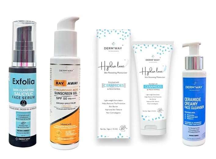 Derm’way Exfolia Face Serum | Derm’way Ceramide Creamy Facewash| HYDRALUXE Light Skin Renewing Oil Free Moisturizer| Ray Away Sunscreen gel for Acne & Spot Correction Range