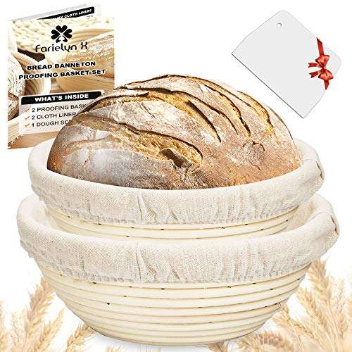 Farielyn-X 2 Set 9 Inch and 10 Bread Inch Banneton Proofing Baskets - Baking Dough Bowl Gifts for Bakers Proving Baskets for Sourdough Lame Bread Slashing Scraper Tool Starter Jar Proofing Box