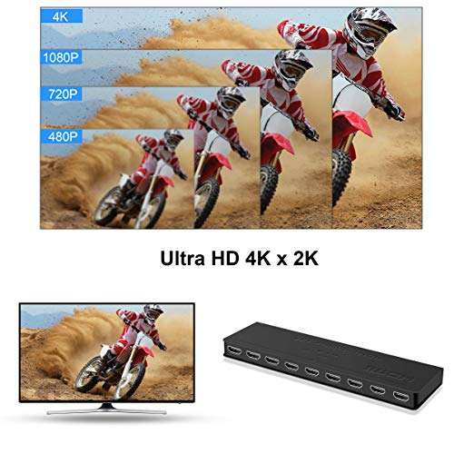 NEWCARE 4K HDMI Splitter 1x8, HDMI Splitter 1 in 8 Out, Ultra HD 4K@ 30 Hz 1.4 HDCP, 8 Ports HDMI Powered Splitter Support Full HD 1080P & 3D for Xbox, PS4, Fire Stick,Blu Ray, HDTV (Black) 4