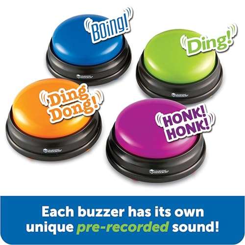 Learning Resources Answer Buzzers - Set of 4, Ages 3+, Assorted Colored Buzzers, Game Show Buzzers, Perfect for Family Game and Trivia Nights, for Kids 4