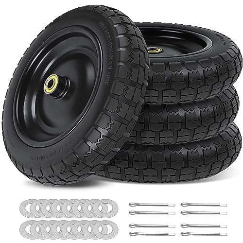 phepetroll 13 Inch Flat Free Wheels Tires 4.00-6 Solid Replacement with Universal 5/8" Axle Bore Hole, 16 Spacers and 8 Pins, for Wheelbarrow, Garden Wagon, Hand Truck, Trolley, Lawn Mower, 4 Pack 1