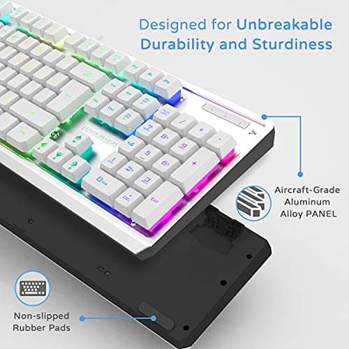 Lumsburry White Gaming Keyboard, Rainbow LED Backlit,19 Anti-ghosting Keys, USB Wired, Metal Panel, Ergonomic 104 Keys, Multimedia Control, Water-Resistant, Full Size, for Windows PC Mac Office Gamer 2