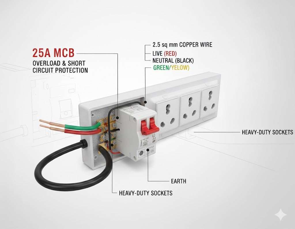 3 Socket Point with MCB 2.5 SQ MM 3 CORE Copper Wire MODULER Switch Board Extension Cord (4 Meter Cable) 3