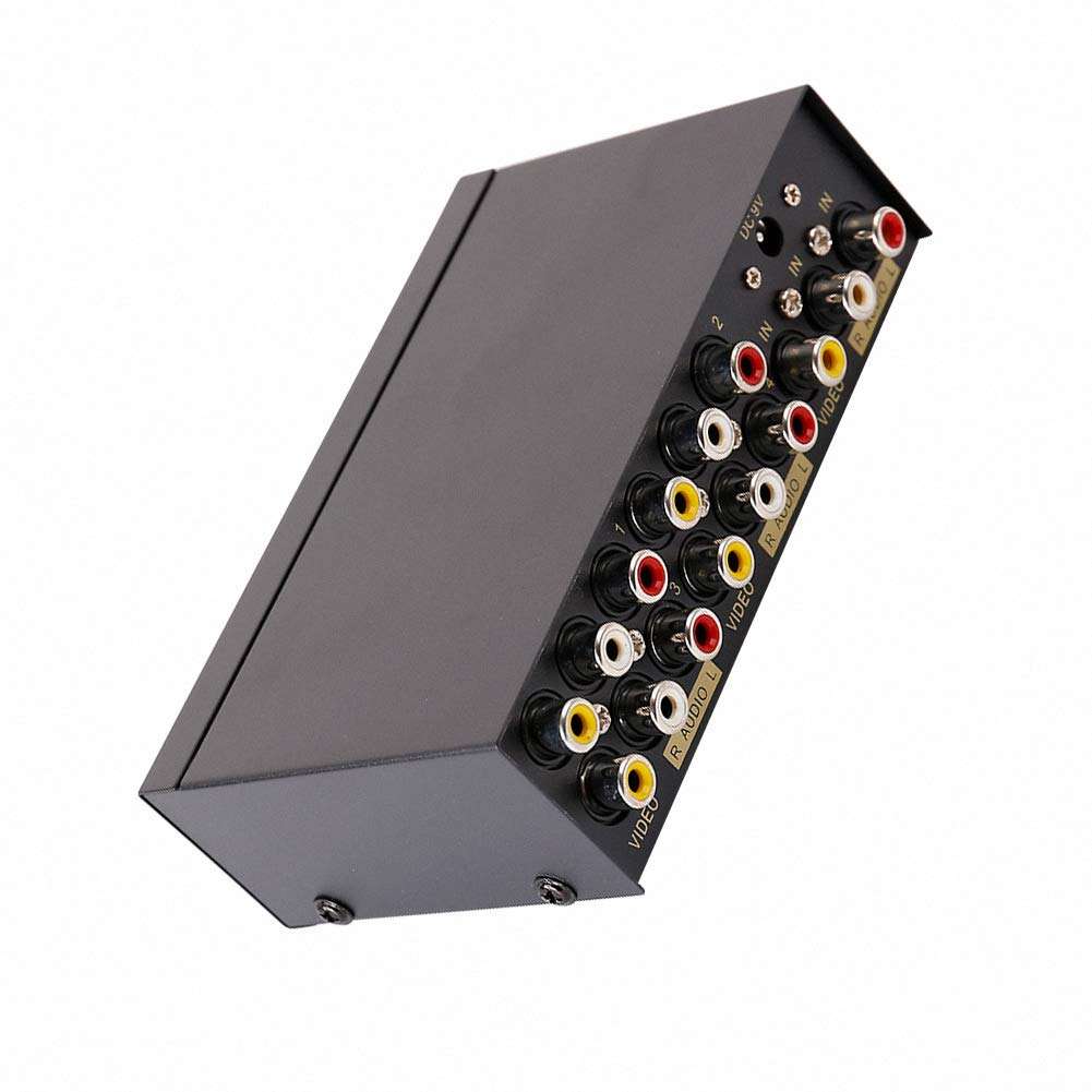 DTECH Powered 4 Way 3 RCA Splitter Box 1 in 4 Out Composite Video Audio Distribution Duplicator with Power Adapter Compatible with Gaming Console to TV Projector Video Capture Card 3