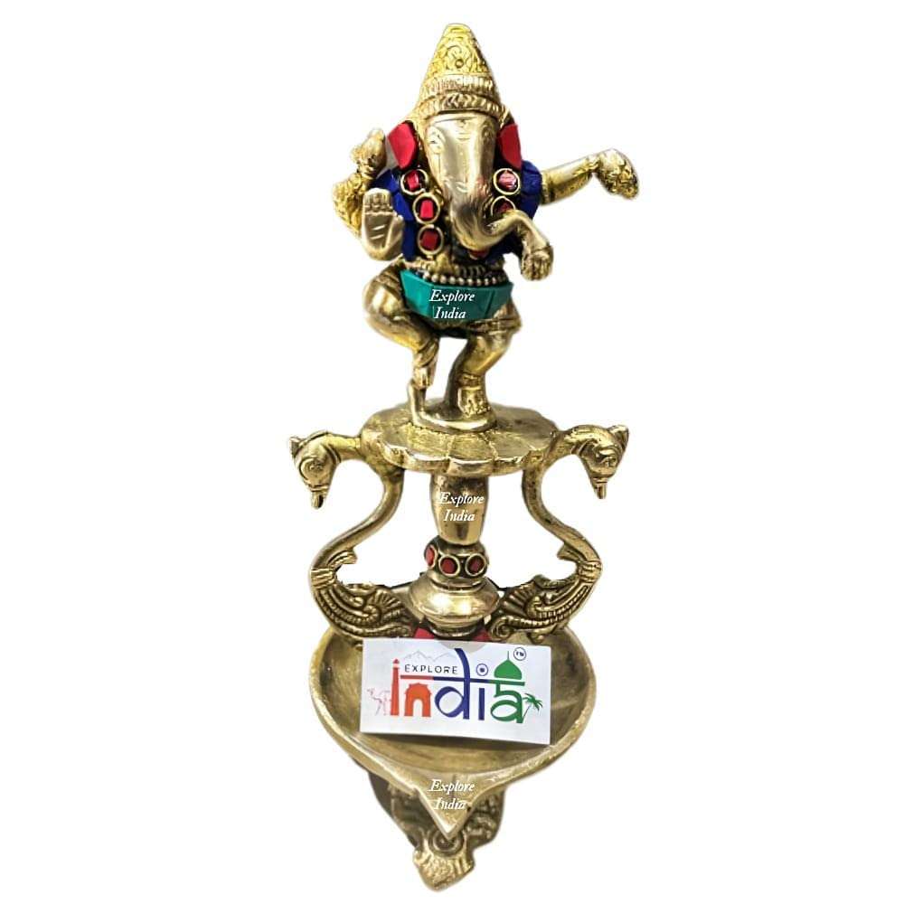 EXPLORE India Brass Dancing Ganesh Diya Stand | Lord Ganesh Statue | Multicolor Stone Work Decorated Ganesh Deepam | L?W?H - 3.5?4?8 in inches, Wt. - 870 GMS 1