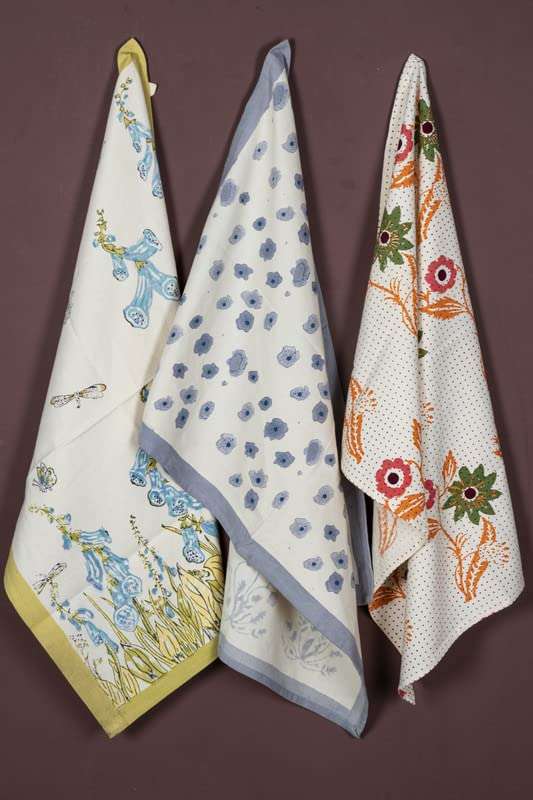 CONTRAST LIVING Swuiti Hand Block Printed Kitchen Towel/Dish Towel/Hand Towel Multi Color Set of 3 Pcs 1