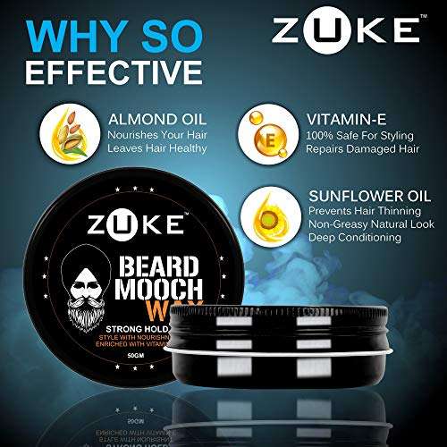 Zuke Beard & Mooch Wax For Strong Hold - With Vitamin-E, Almond Oil & Sunflower Oil (50g) 4