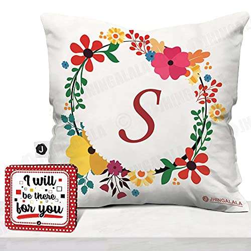 Jhingalala Gift for Friends | Name First Letter S Alphabet S Printed Cushion Cover with Filler and Greeting Card | Gift for Friends, Best Friend on Birthday, Friendship Day 1