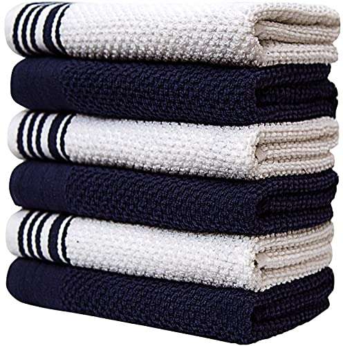Kitchen Towels (16”x 28”, 6 Pack) – Large Cotton Kitchen Hand Towels – Weft Insert Design – 380 GSM Highly Absorbent Tea Towels Set with Hanging Loop (Navy Blue) 1