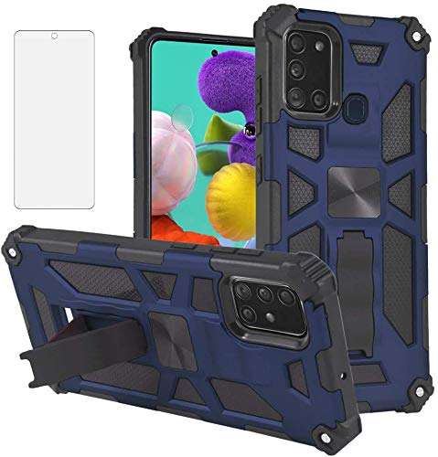 Asuwish Compatible with Samsung Galaxy A21S Case Tempered Glass Screen Protector Cover and Cell Accessories Stand Kickstand Dual Layer Phone Cases for Glaxay Galaxies A 21S GalaxyA21S Women Men Blue 1
