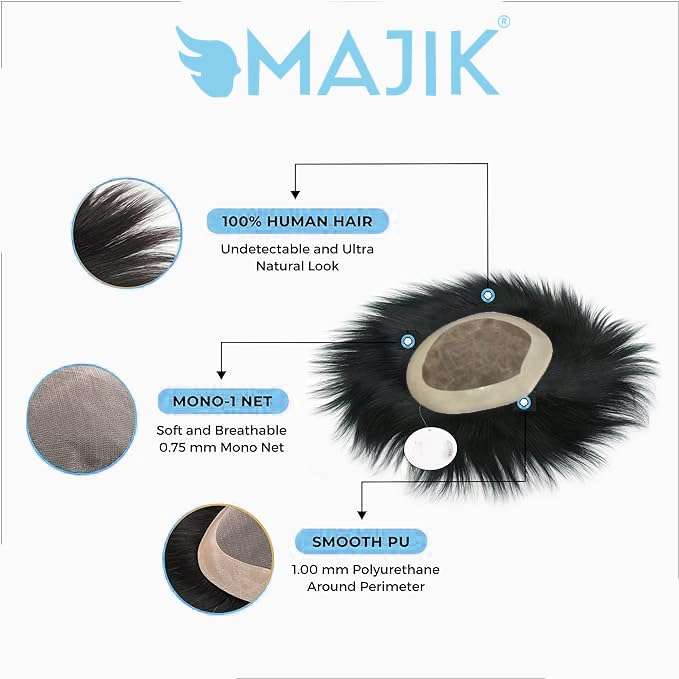 Majik Monofilament Human Hair Patches Hair Wig Hair Toupee with PU Poly Skin Coating around Cap for Men 10x8 Inch Medium Brown with Brush Tape Clips 3