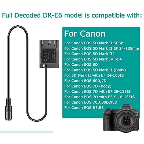 ACK-E6 12V-24V Adapter Cable + DR-E6 LP-E6 Full Decoded DC Coupler Battery for Canon EOS 60Da 70D 80D 5D3 5D4 5DS R 5D Mark III IV 2