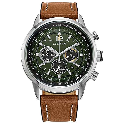 Citizen Men's Eco-Drive Weekender Sport Chronograph Watch in Brown Leather Strap, Green Dial, 44mm (Model: CA4477-08X ) 1