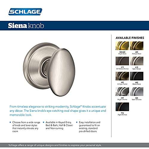 Schlage F40 SIE 619 Sienna Door Knob, Bed & Bath Privacy Lock, Satin Nickel 2