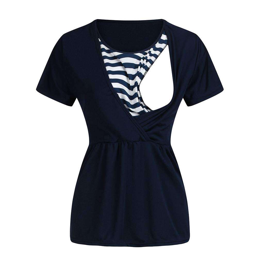 Women's Maternity Nursing Tops Patchwork Striped Double Layer Loose Pregnancy Breastfeeding T Shirt (L, Blue) 4