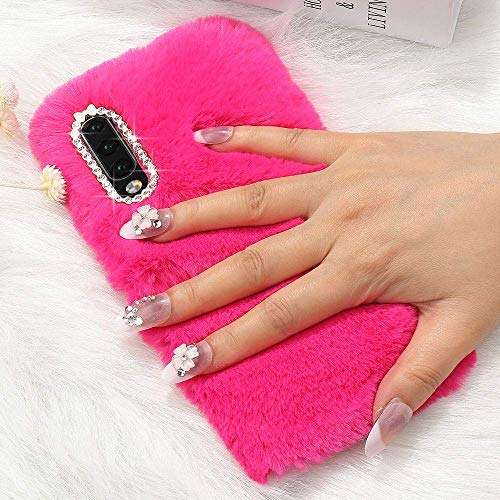 LCHULLE for Samsung Galaxy A70 Plush Case Faux Rabbit Fur Furry Cute Case Winter Warm Soft Lovely Fluffy Cover Shockproof Bumper with Bowknot Glitter Bling Diamond for Samsung Galaxy A70, Rose red 2