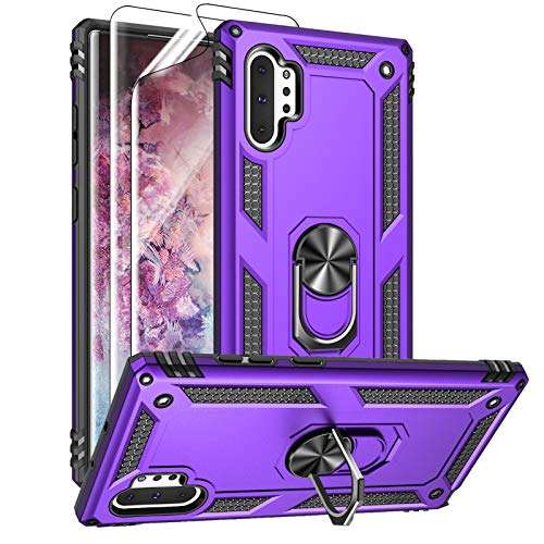 Samsung Galaxy Note 10 Plus Case with HD Screen Protectors, Military-Grade Metal Ring Holder Stand, Drop Tested Shockproof Cover for Note10+/5G Purple 1