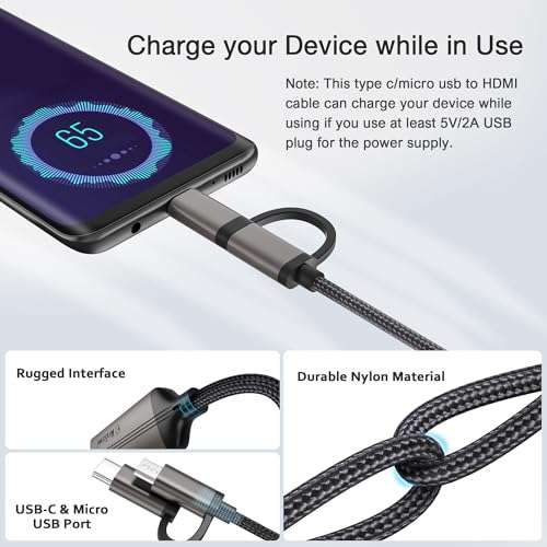 KAMING 2-in-1 USB Type C/Micro USB Android Phone to TV HDMI Cable, MHL to HDMI Adapter 1080P HD HDTV Mirroring & Charging Cable for All Android Smartphones Tablets to TV/Projector/Monitor, 6.6ft 6