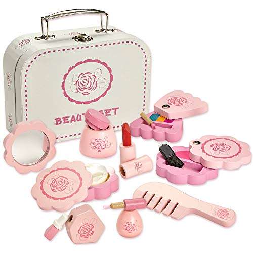 Dragon Drew Wooden Toy Beauty Set – 10 Piece Kit - Girls Salon Set with Makeup, Brush, Mirror and Cosmetics Case - 100% Natural Wood, Nontoxic Paint, Smooth Edges 1