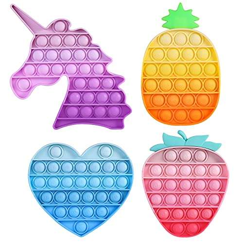 HiUnicorn 4 Pack Poppers Pop Sound Fidget Toys Gifts for Girls, Rainbow Unicorn Push Bubble Popping Game Toy, Macaron Pineapple Strawberry Fruits Sensory Toys (Yellow+Pink+Blue+Purple) 1