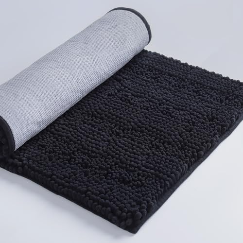 DAWNDIOR Chenille Bathroom Rugs Bath Mats for Bathroom Non Slip Absorbent Washable Quick Dry Thick Microfiber Luxury Black Bath Rugs for Tub Floor Rubber Backing (26’’x44’’)