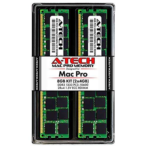 A-Tech 8GB Kit (2x4GB) ECC RDIMM Memory for Mac Pro Mid 2010 & Mid 2012 (MacPro5,1) | DDR3 1333MHz Registered DIMM PC3-10600 Dual Rank 2Rx4 1.5V 240 Pin RAM Upgrade 1